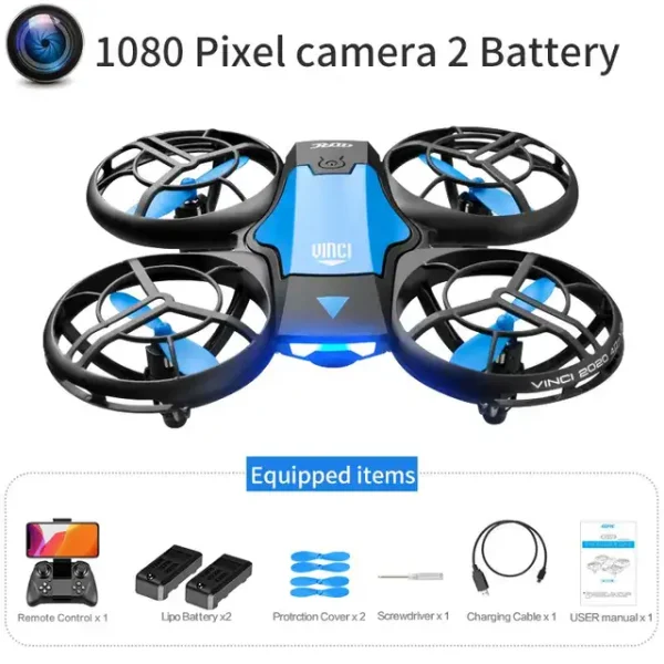 Quadricottero con telecamera HD 1080p, batteria ricaricabile, luci LED e telecomando, ideale per hobby e fotografia aerea.