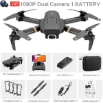 Drone con videocamera 1080P, telecomando, batteria, caricabatterie, custodia e accessori per riprese aeree di alta qualità.