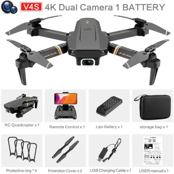 Drone con telecamera 4K, batteria, telecomando, e accessori per riprese aeree di alta qualità, ideale per appassionati di fotografia e videomaking.