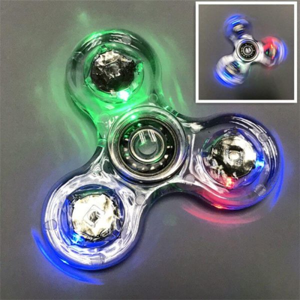 Fidget spinner con luci LED colorate, oggetto decorativo e antistress, ideale per appassionati di gadgets scientifici e giochi innovativi.