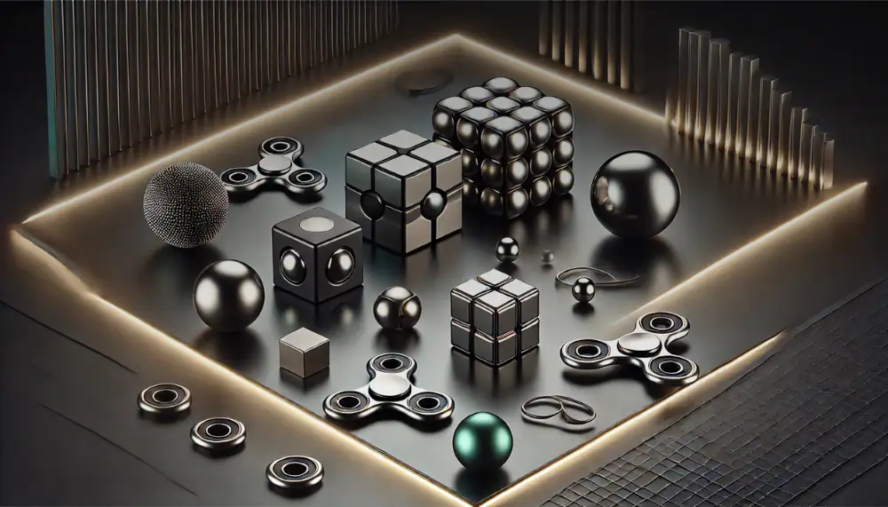 Perno di metallo lucido, cubi e sfere geometriche in un display moderno con illuminazione soffusa e sfondo scuro, ideale per decorazioni scientifiche e oggetti da collezione.