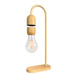 Lampada da tavolo in legno naturale con lampadina a vista, stile scientifico e decorativo.
