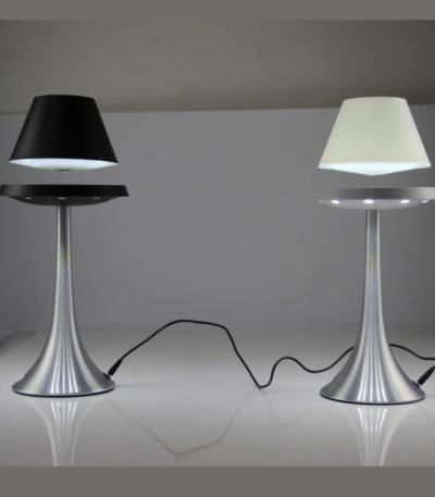 Lampade da tavolo ispirate a oggetti scientifici con base in metallo e paralumi in bianco e nero.