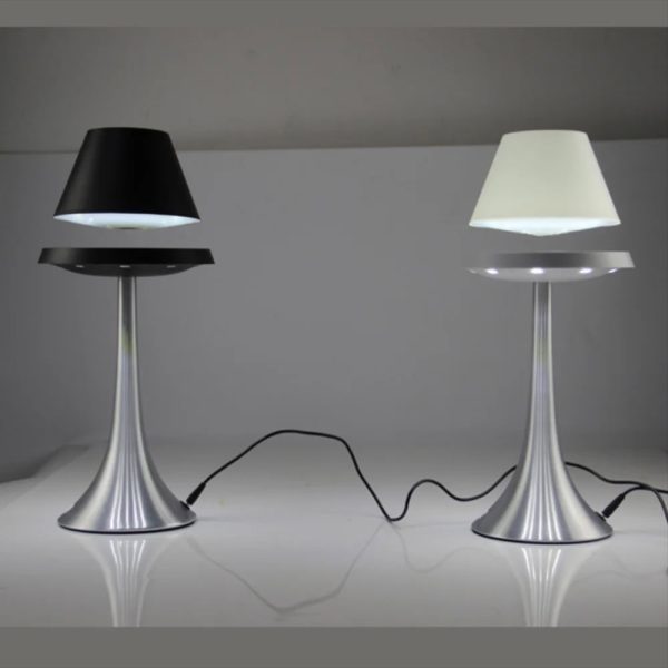 Lampade da tavolo ispirate a oggetti scientifici con base in metallo e paralumi in bianco e nero.