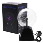 Vortice di plasma scientifico con sfera di vetro e base nera, perfetto come decorazione educativa e scientifica. Ideale per appassionati di fisica e scienza, con effetti luminosi affascinanti.