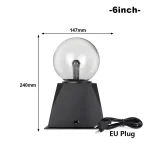 Lampada plasma tattile di 25 cm con base nera e sfera in vetro, controllabile tramite tocco, ideale per decorazione scientifica e atmosfera moderna.