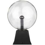 Modello di lampada di Tesla in vetro trasparente con base nera, perfetta come decorazione scientifica e oggetto da collezione. Ideale per appassionati di scienza e design innovativo.