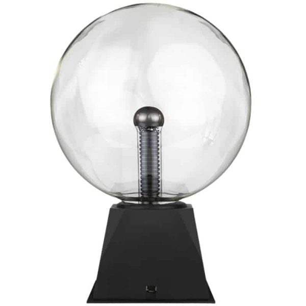 Modello di lampada di Tesla in vetro trasparente con base nera, perfetta come decorazione scientifica e oggetto da collezione. Ideale per appassionati di scienza e design innovativo.