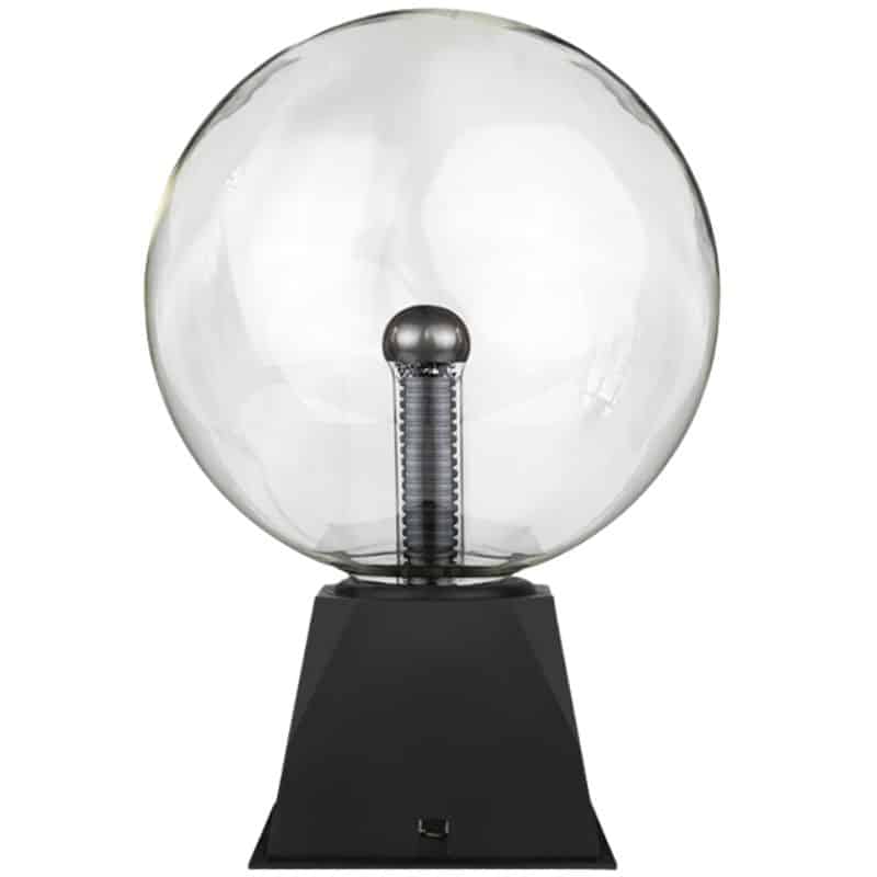 Modello di lampada di Tesla in vetro trasparente con base nera, perfetta come decorazione scientifica e oggetto da collezione. Ideale per appassionati di scienza e design innovativo.