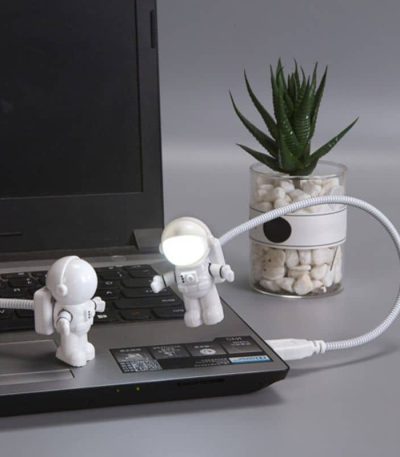 Decorazione scientifica originale con due astronauti in miniatura collegati a una lampada LED, posizionati su un laptop, con pianta succulenta in vaso trasparente sullo sfondo.