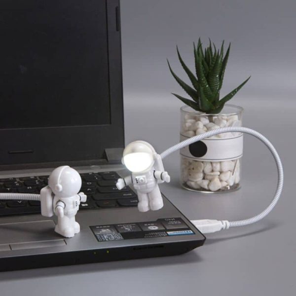 Decorazione scientifica originale con due astronauti in miniatura collegati a una lampada LED, posizionati su un laptop, con pianta succulenta in vaso trasparente sullo sfondo.