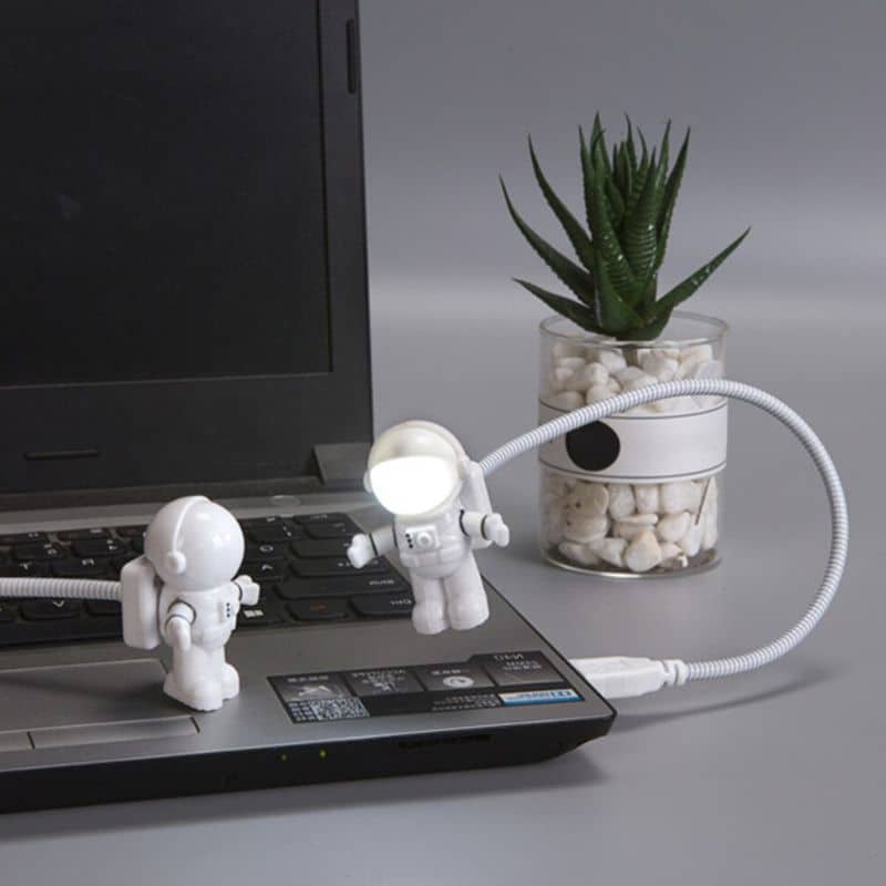 Oggetti scientifici decorativi per scrivania Decorazione scientifica originale con due astronauti in miniatura collegati a una lampada LED, posizionati su un laptop, con pianta succulenta in vaso trasparente sullo sfondo.