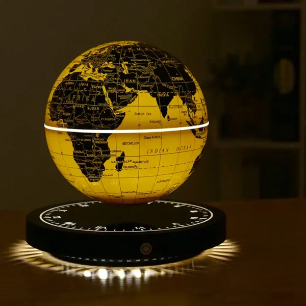 Mappamondo luminoso con base scientifica che mostra le principali regioni del mondo, illuminato in modo caldo e dettagliato, ideale come decorazione educativa o da studio.
