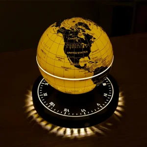 Mappamondo luminoso con base orologio che rappresenta le principali nazioni del mondo, ideale come decorazione scientifica e oggetto di design per ambienti moderni e studi.
