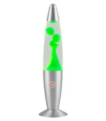 Lava lamp scientifica con bolle verdi che si muovono in un liquido trasparente, perfetta come decorazione scientifica o oggetto da collezione.