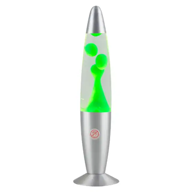 Lava lamp scientifica con bolle verdi che si muovono in un liquido trasparente, perfetta come decorazione scientifica o oggetto da collezione.