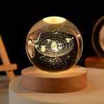 Sfere di vetro con rappresentazione luminosa del sistema solare, posizionate su base di legno, perfette come decorazione scientifica e oggetto di studio.