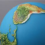 Mappamondo con rilievi geografici in rilievo, rappresenta le caratteristiche topografiche di un continente, evidenziando montagne, pianure e coste in modo dettagliato.