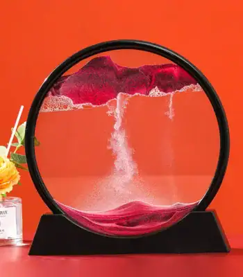 Vortice di sabbia colorata in scatola di vetro, decorazione scientifica e oggetto di design, ideale per ambienti moderni e studi scientifici.