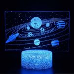 Lampada LED 3D con raffigurazione del sistema solare e pianeti, ideale come decorazione scientifica e oggetto educativo per appassionati di astronomia.