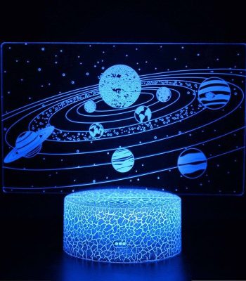 Lampada LED 3D con raffigurazione del sistema solare e pianeti, ideale come decorazione scientifica e oggetto educativo per appassionati di astronomia.