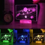 Pannello luminoso 3D con pianeti del sistema solare, illuminato a LED in vari colori, ideale come decorazione scientifica o lampada notturna educativa.
