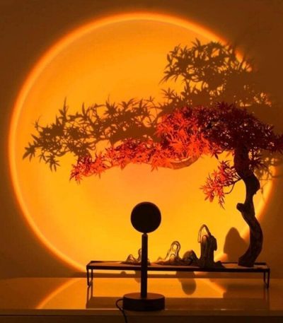 Vaso decorativo con albero bonsai stilizzato e luce calda, ideale come decorazione scientifica e artistica per ambienti domestici o da ufficio.