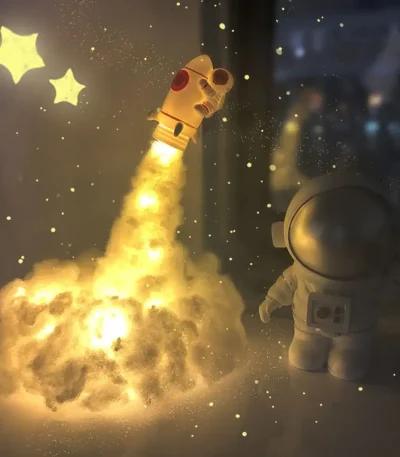 Modello di razzo spaziale luminoso con effetti di luce e stelle in sfondo, perfetto come decorazione scientifica per ambienti educativi o di intrattenimento.