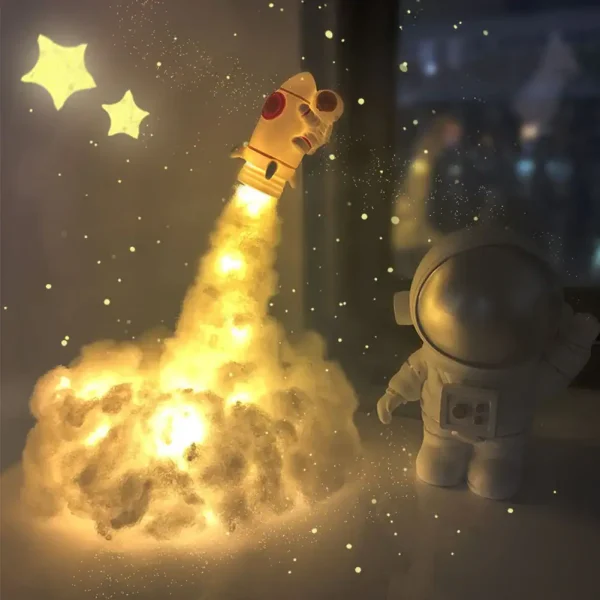 Modello di razzo spaziale luminoso con effetti di luce e stelle in sfondo, perfetto come decorazione scientifica per ambienti educativi o di intrattenimento.