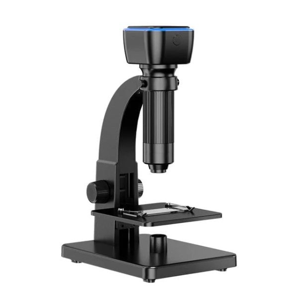 Microscopio professionale con obiettivo zoom e illuminazione LED, ideale per laboratori scientifici e studi di ricerca.