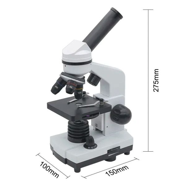 Microscopio da laboratorio con obiettivi variabili e illuminazione regolabile, ideale per studi scientifici e analisi di precisione.