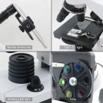 Pipetta da laboratorio con clip per smartphone, illuminatore LED superiore, illuminatore LED inferiore, e rotella con filtri colorati per esperimenti scientifici.