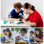 Bambini e insegnante che utilizzano un microscopio in un laboratorio scolastico, promuovendo l'apprendimento scientifico e la curiosità tra i giovani studenti.