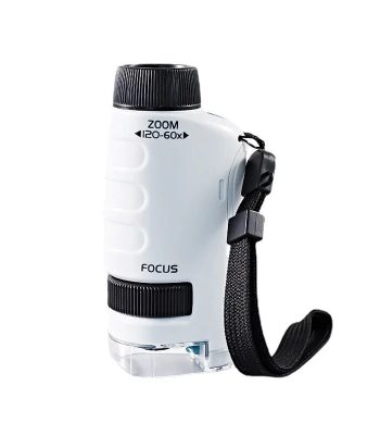 Microscopio portatile con zoom ottico 60x, manico e cinturino, ideale per osservazioni scientifiche e didattiche.