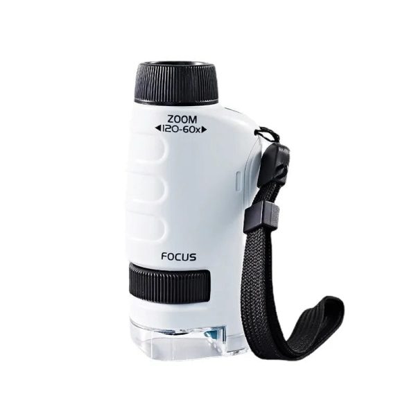 Microscopio portatile con zoom ottico 60x, manico e cinturino, ideale per osservazioni scientifiche e didattiche.