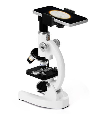 Microscopio con supporto per smartphone, ideale per osservazioni scientifiche e decorazioni educative, con obiettivo ottico e base stabile.