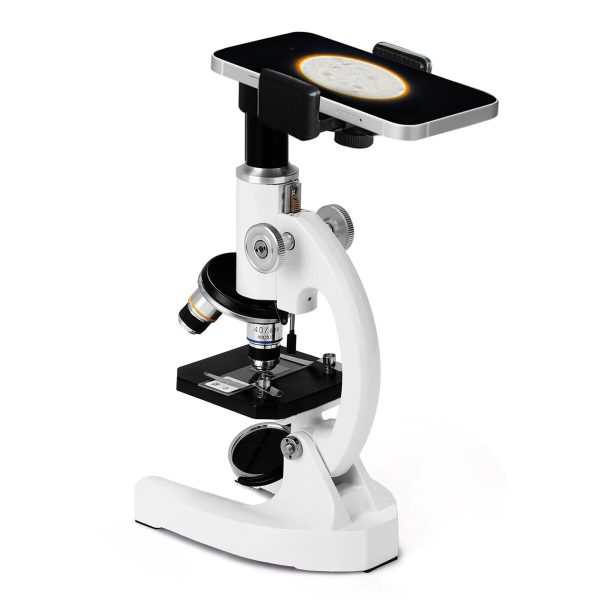 Microscopio con supporto per smartphone, ideale per osservazioni scientifiche e decorazioni educative, con obiettivo ottico e base stabile.
