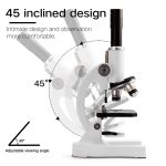 Microscopio con struttura inclinata a 45°, ideale per osservazioni scientifiche più comode e confortevoli. Perfetto per laboratori e appassionati di scienza.