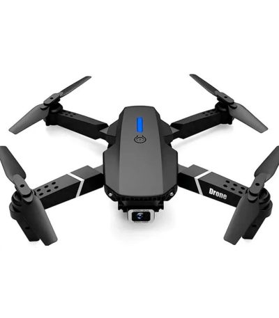 Drone nero con quattro eliche, design compatto e moderno, perfetto per riprese aeree e fotografia, con telecamera integrata.
