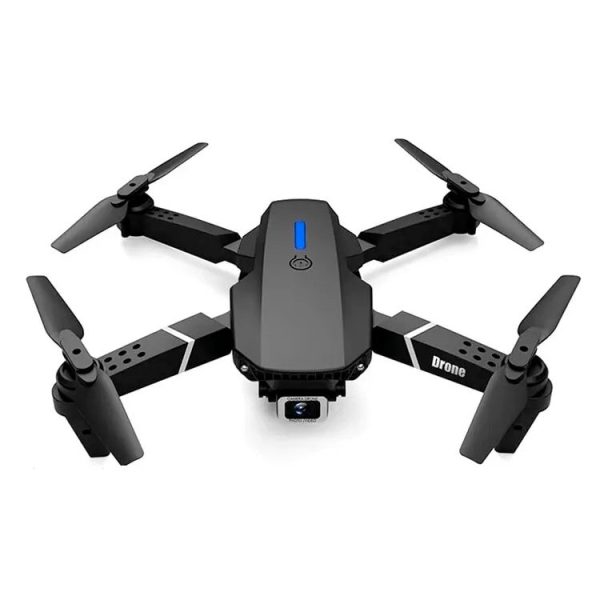 Drone nero con quattro eliche, design compatto e moderno, perfetto per riprese aeree e fotografia, con telecamera integrata.