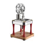 Modello di motore Stirling da tavolo in metallo e legno, con parti in movimento e design scientifico, ideale come decorazione o strumento educativo.