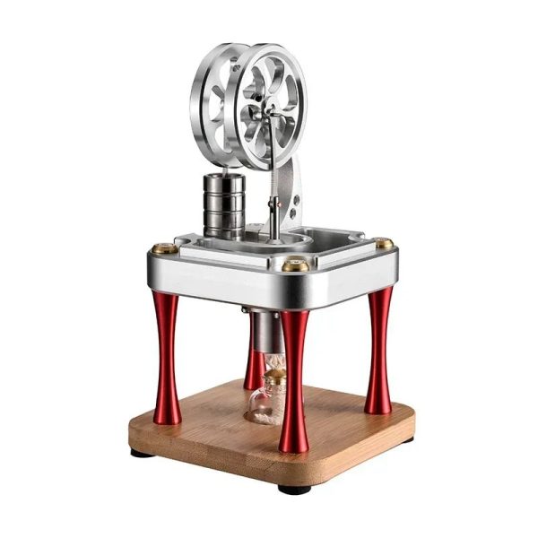 Modello di motore Stirling da tavolo in metallo e legno, con parti in movimento e design scientifico, ideale come decorazione o strumento educativo.