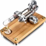 Dispositivo scientifico con tubo di vetro e meccanismo metallico su base di legno, perfetto come decorazione o oggetto da collezione scientifica.
