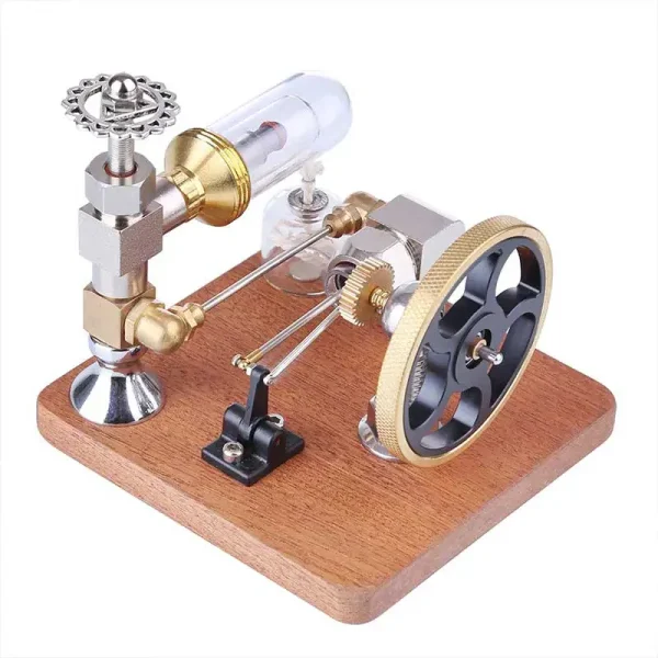 Modello di motore Stirling in miniatura con componenti in metallo e base in legno, perfetto come decorazione scientifica educativa e da collezione.