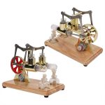 Motore a vapore in miniatura con componenti in metallo e legno, perfetto come decorazione scientifica o oggetto da collezione.