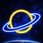 Neon di un pianeta con anelli luminosi in stile neon, sfondo stellato e spazio profondo, decorazione scientifica moderna e colorata.
