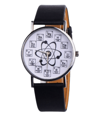 Orologio da polso con design ispirato alla scienza, presenta il simbolo atomico al centro e le caselle della tavola periodica degli elementi. Perfetto come decorazione scientifica o regalo originale p.