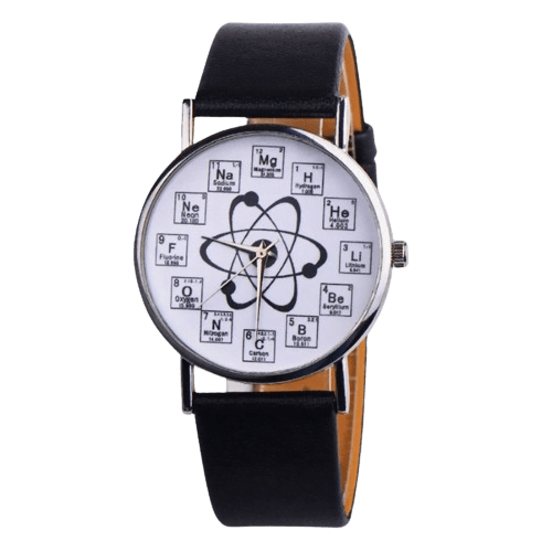 Orologio da polso con design ispirato alla scienza, presenta il simbolo atomico al centro e le caselle della tavola periodica degli elementi. Perfetto come decorazione scientifica o regalo originale p.
