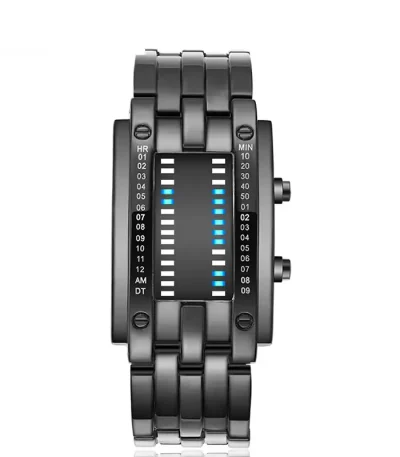 Orologio digitale scientifico con display LED blu e cinturino in metallo, design moderno e innovativo, perfetto come decorazione scientifica o oggetto da collezione.
