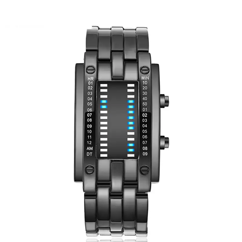 Orologio digitale scientifico con display LED blu e cinturino in metallo, design moderno e innovativo, perfetto come decorazione scientifica o oggetto da collezione.
